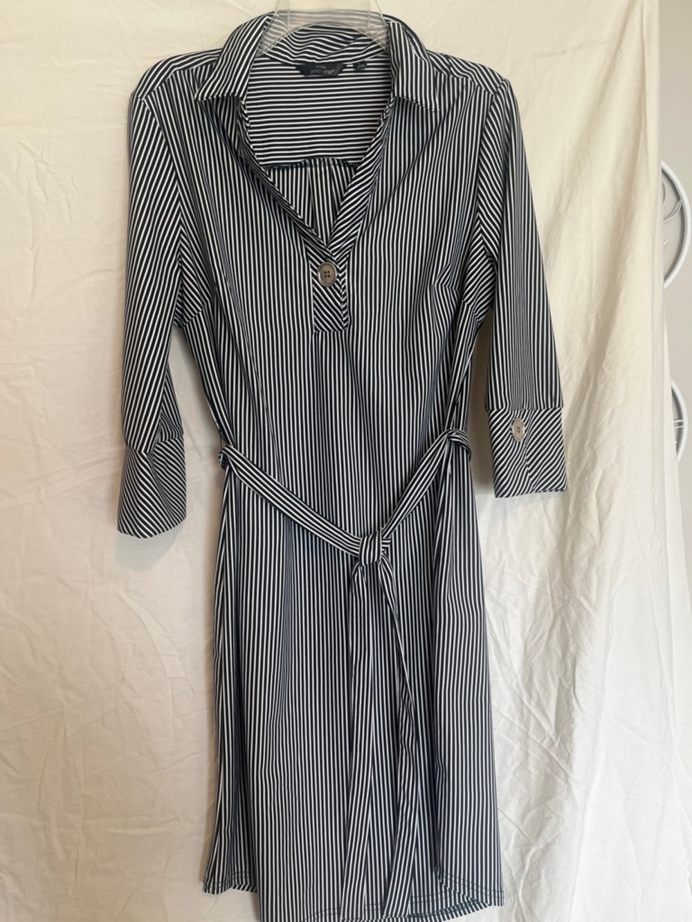 Mlle Gabrielle Striped Black & White Belted Shirt Dress